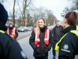 poliskvinna är försiktigt granskning de brottslighet scen för potential bevis ai generativ foto