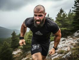 fast besluten man klättrar en brant berg spår ai generativ foto