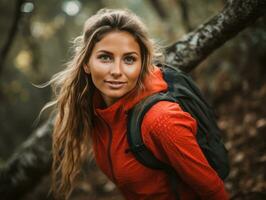fast besluten kvinna klättrar en brant berg spår ai generativ foto