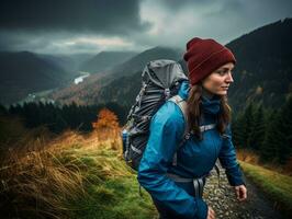 fast besluten kvinna klättrar en brant berg spår ai generativ foto