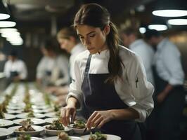 kvinna kock skapar kulinariska mäster i en livliga kök ai generativ foto