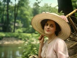 ett färgad gammal fotografera av en kvinna från de tidigt 1900 -talet ai generativ foto