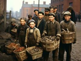 historisk färgad Foto av en barn dagligen arbete i de 1900 -talet ai generativ