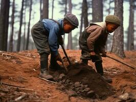 historisk färgad Foto av en barn dagligen arbete i de 1900 -talet ai generativ