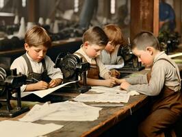 historisk färgad Foto av en barn dagligen arbete i de 1900 -talet ai generativ