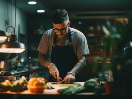 manlig kock skapar kulinariska mäster i en livliga kök ai generativ foto