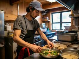 manlig kock skapar kulinariska mäster i en livliga kök ai generativ foto