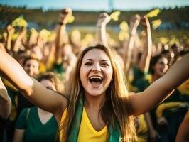 brasiliansk kvinna firar hans fotboll lag seger ai generativ foto