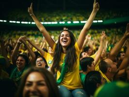 brasiliansk kvinna firar hans fotboll lag seger ai generativ foto