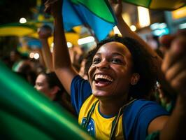 brasiliansk kvinna firar hans fotboll lag seger ai generativ foto