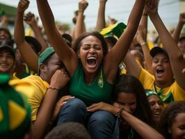 brasiliansk kvinna firar hans fotboll lag seger ai generativ foto