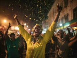 brasiliansk kvinna firar hans fotboll lag seger ai generativ foto