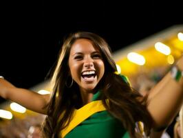 brasiliansk kvinna firar hans fotboll lag seger ai generativ foto