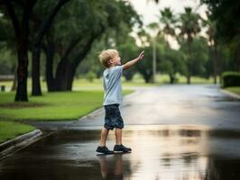 sorglös barn glatt danser i de uppfriskande regn ai generativ foto