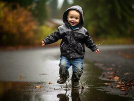 sorglös barn glatt danser i de uppfriskande regn ai generativ foto