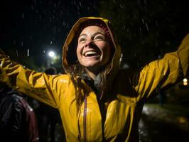 sorglös kvinna glatt danser i de uppfriskande regn ai generativ foto