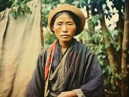 ett gammal färgad fotografera av en asiatisk kvinna från de tidigt 1900 -talet ai generativ foto