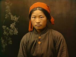 ett gammal färgad fotografera av en asiatisk kvinna från de tidigt 1900 -talet ai generativ foto