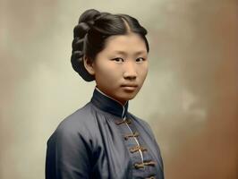 ett gammal färgad fotografera av en asiatisk kvinna från de tidigt 1900 -talet ai generativ foto