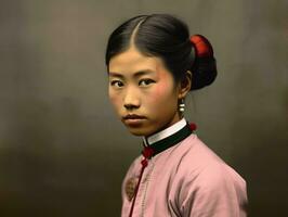 ett gammal färgad fotografera av en asiatisk kvinna från de tidigt 1900 -talet ai generativ foto