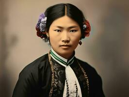 ett gammal färgad fotografera av en asiatisk kvinna från de tidigt 1900 -talet ai generativ foto