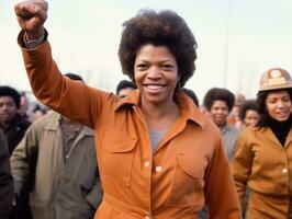 historisk färgad Foto av en kvinna ledande en protest ai generativ