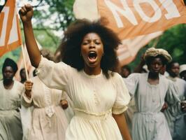 historisk färgad Foto av en kvinna ledande en protest ai generativ