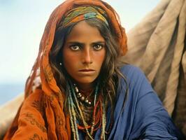 gammal färgad fotografera av arab kvinna från tidigt 1900 -talet ai generativ foto