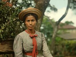 gammal färgad fotografera av en brasiliansk kvinna från de tidigt 1900 -talet ai generativ foto