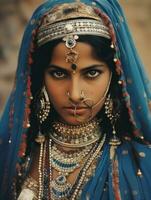 gammal färgad fotografera av en indisk kvinna från de tidigt 1900 -talet ai generativ foto