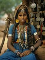 gammal färgad fotografera av en indisk kvinna från de tidigt 1900 -talet ai generativ foto