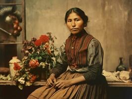 gammal färgad fotografera av en mexikansk kvinna från de tidigt 1900 -talet ai generativ foto