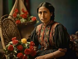 gammal färgad fotografera av en mexikansk kvinna från de tidigt 1900 -talet ai generativ foto