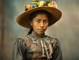 gammal färgad fotografera av en mexikansk kvinna från de tidigt 1900 -talet ai generativ foto