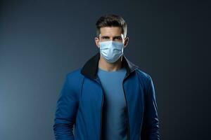 en man i en blå jacka är bär en kirurgisk mask generativ ai foto