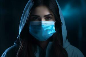 en kvinna i en blå luvtröja med en medicinsk mask på henne ansikte generativ ai foto