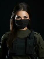 en kvinna i militär redskap med en mask på henne ansikte generativ ai foto