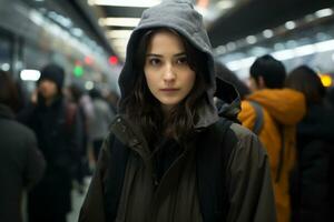 en kvinna bär en huvor jacka i en tunnelbana station generativ ai foto