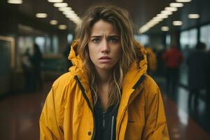 en kvinna i en gul jacka stående i ett flygplats generativ ai foto