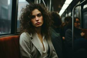 en kvinna med lockigt hår Sammanträde på en tåg generativ ai foto