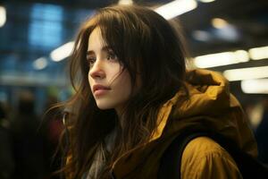 en ung kvinna i en gul jacka stående i en tåg station generativ ai foto