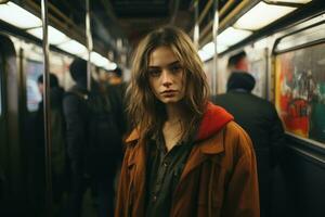 en ung kvinna är stående på en tunnelbana tåg generativ ai foto