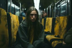 en ung kvinna Sammanträde på en tåg med henne ögon stängd foto