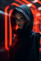 en kvinna i en svart luvtröja med röd neon lampor generativ ai foto