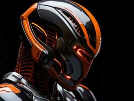 ett orange och svart robot med lysande ögon generativ ai foto