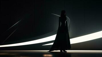 silhuett av en kvinna stående i främre av en mörk rum generativ ai foto