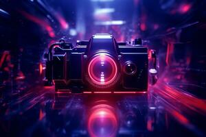 en kamera med en röd ljus på den i en mörk rum generativ ai foto