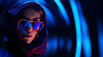 en kvinna bär solglasögon och en luvtröja i främre av en blå ljus generativ ai foto