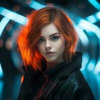 en kvinna med röd hår och blå ögon i en mörk tunnel generativ ai foto