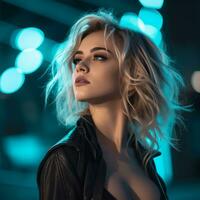 porträtt av en skön blond kvinna i en svart läder jacka på natt med bokeh lampor i de bakgrund generativ ai foto